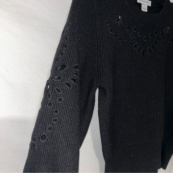 Black Ribbed Knit Sweater with Eyelet Lace Details by Calligraphie - Picture 3 of 6